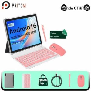 PRITOM tableta de 10,1" con Android 16 – 16 GB de RAM y 64 GB de almacenaje, funda con teclado incluida, batería de 6000 mAh, doble configuración de cámaras, ideal para estudio y tareas diarias